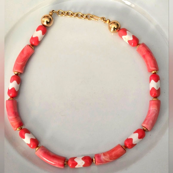 Peach Coral Orange White Beaded Boho Necklace - Picture 4 of 4